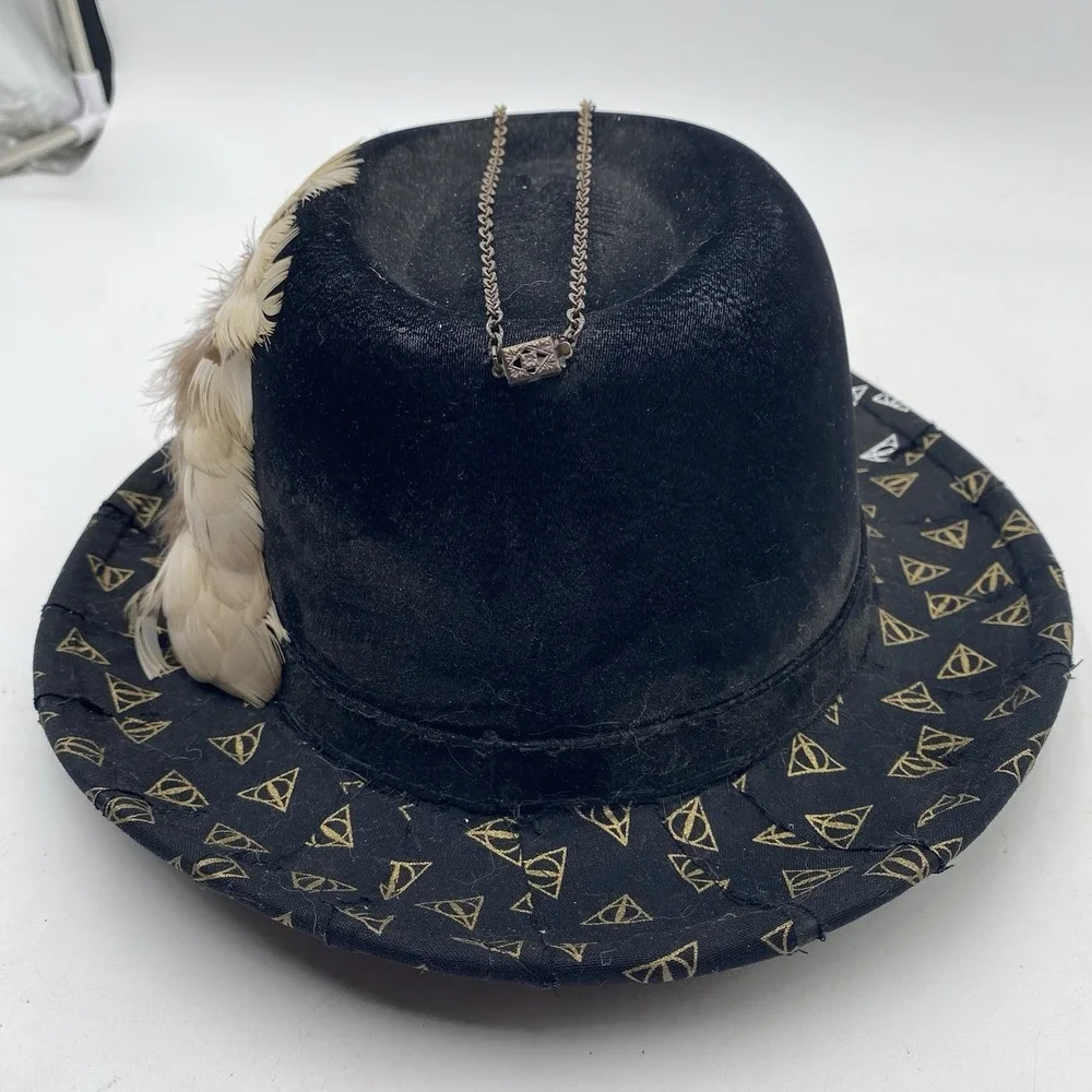Steampunk Harry Porter Deathly Hallows Hat Black Fedora Size‎ 7 1/8 Feather
